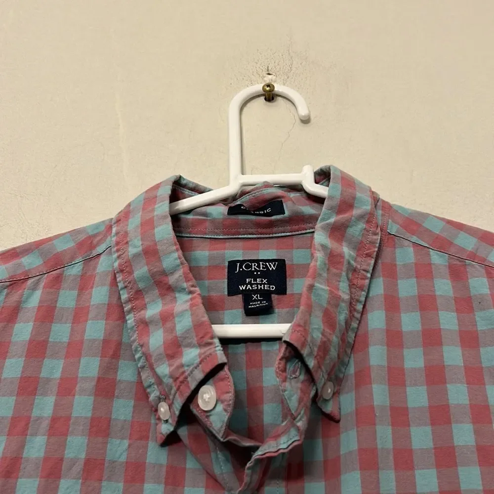 J Crew flex washed classic fit blue pink checkered button down shirt Size XL